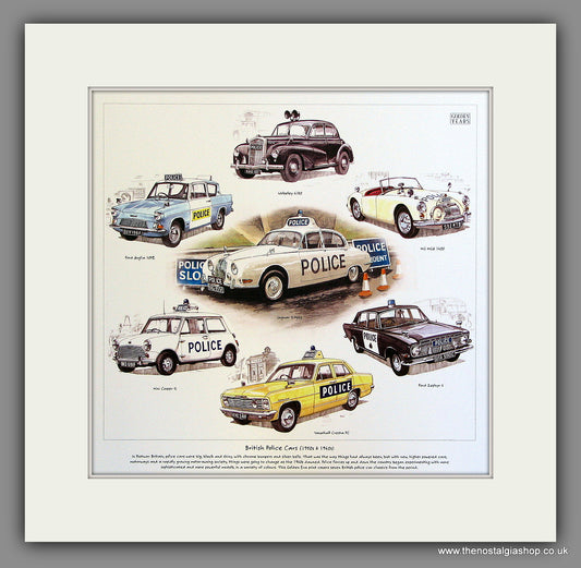 Police Cars (British) 1950's & 1960's. Mounted Print.