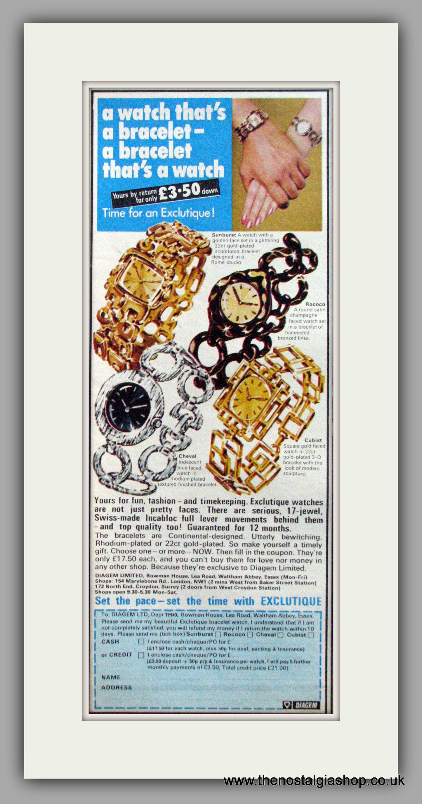 Exclutique Bracelet Watches. Original Advert 1972 (ref AD50135)