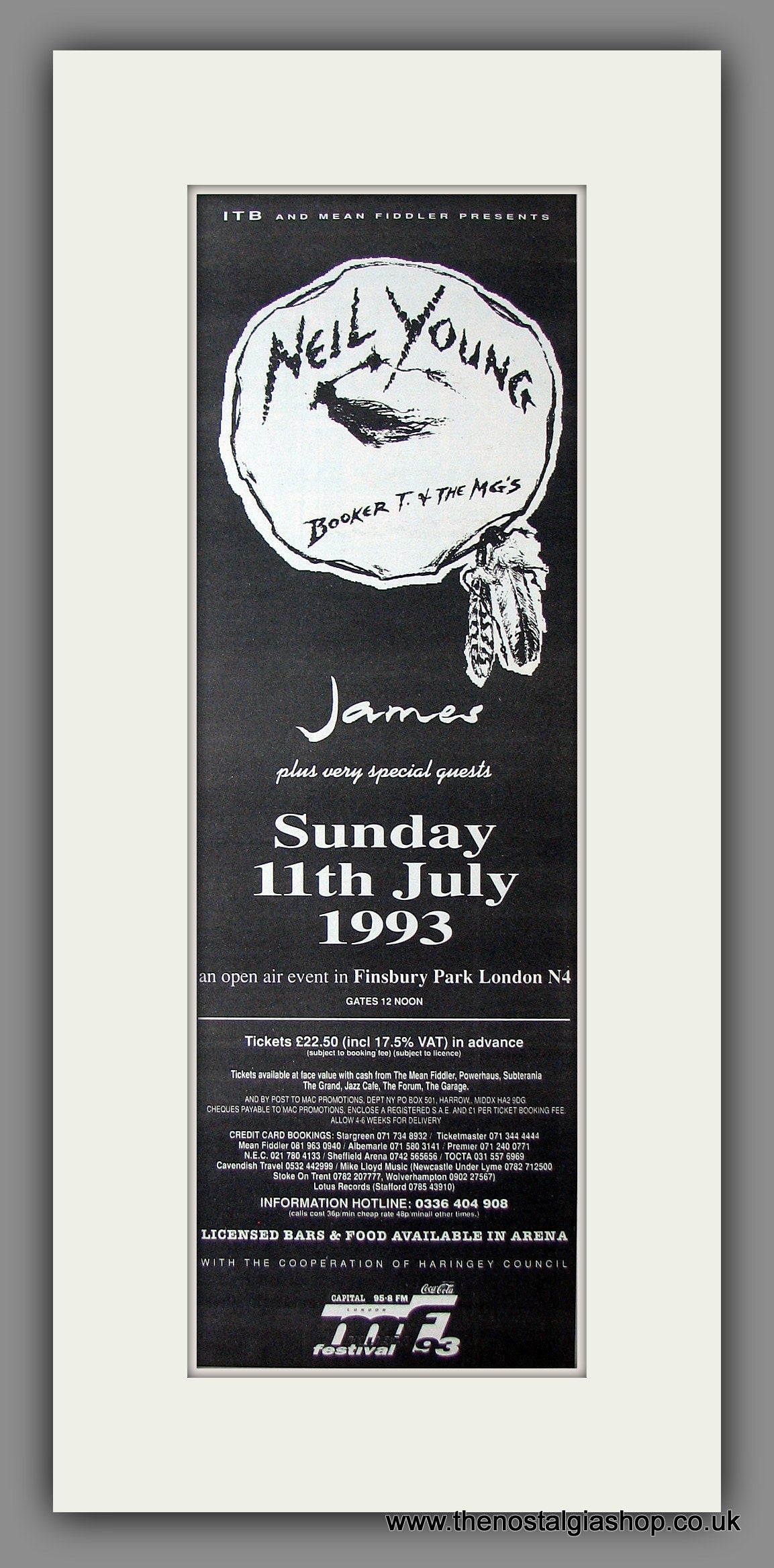 Neil Young with James. Finsbury Park 11th July '93. Original Advert 1993 (ref AD200023)