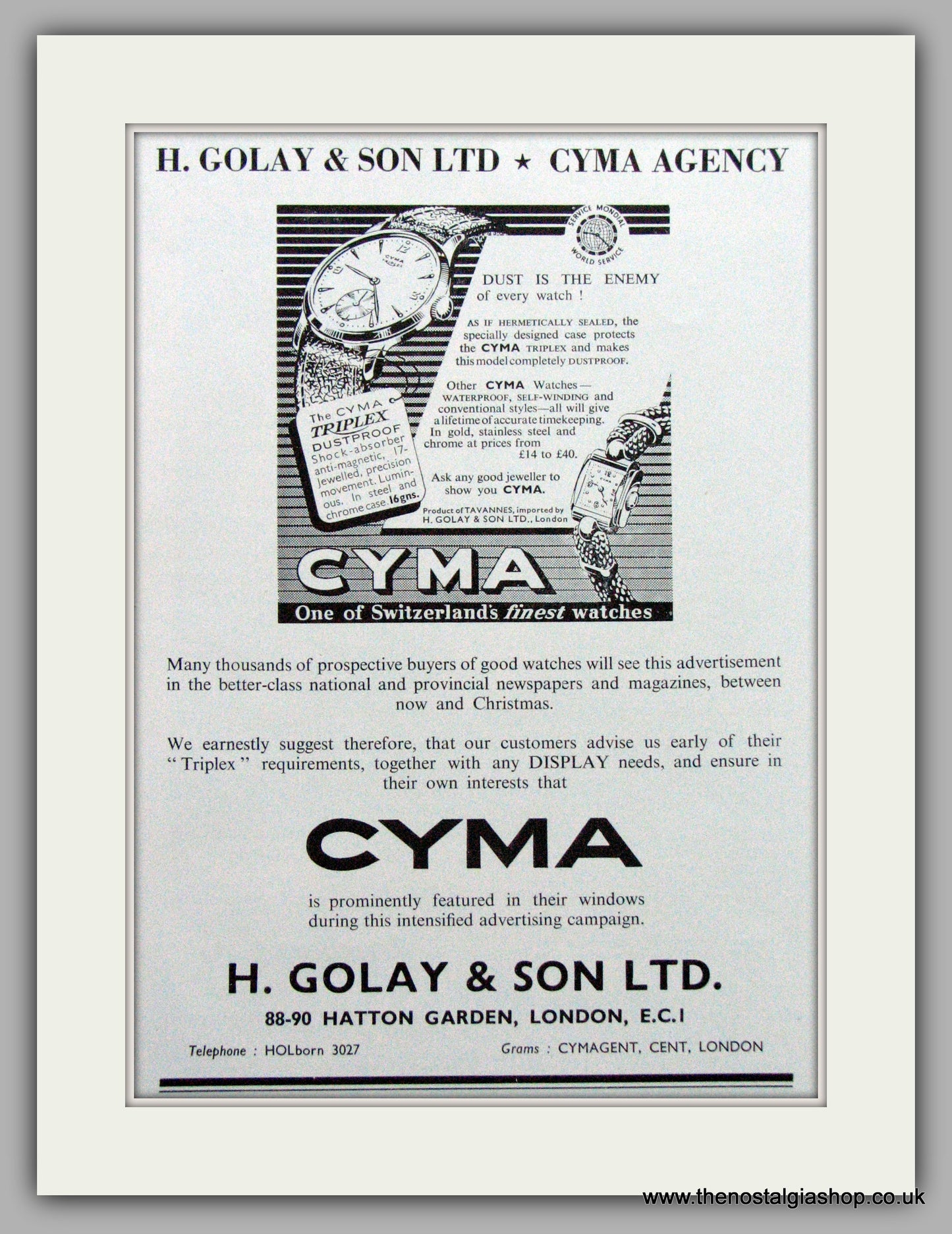 Cyma Triplex Dustproof Watches Set Of 2 Original Adverts 1952 (ref AD6984)