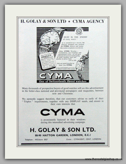 Cyma Triplex Dustproof Watches Set Of 2 Original Adverts 1952 (ref AD6984)