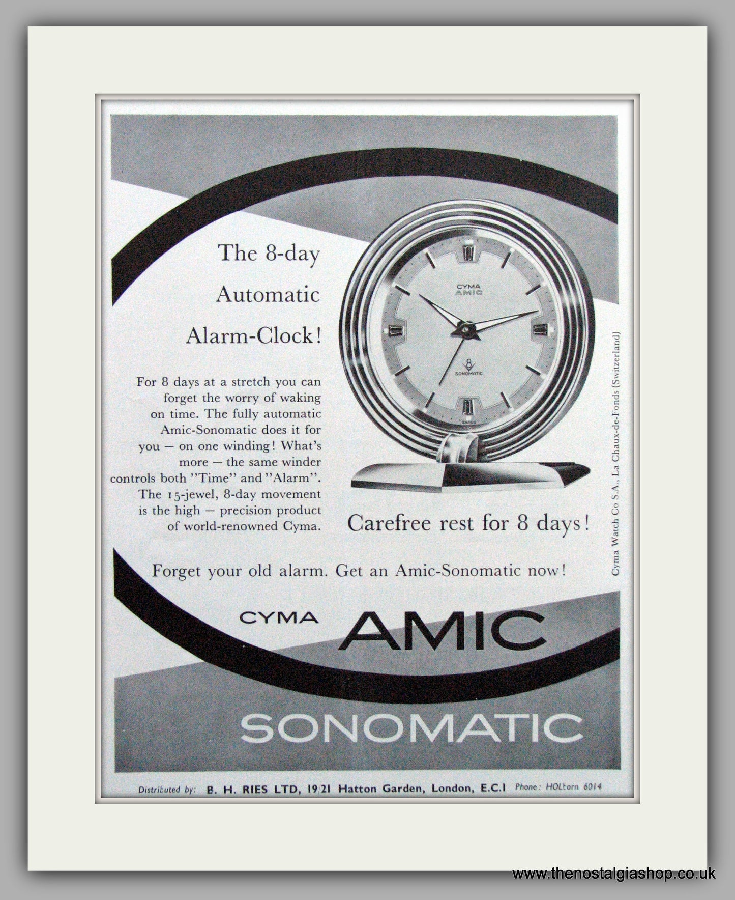 Cyma Amic Sonomatic Clock Original Advert 1958 (ref AD6987)