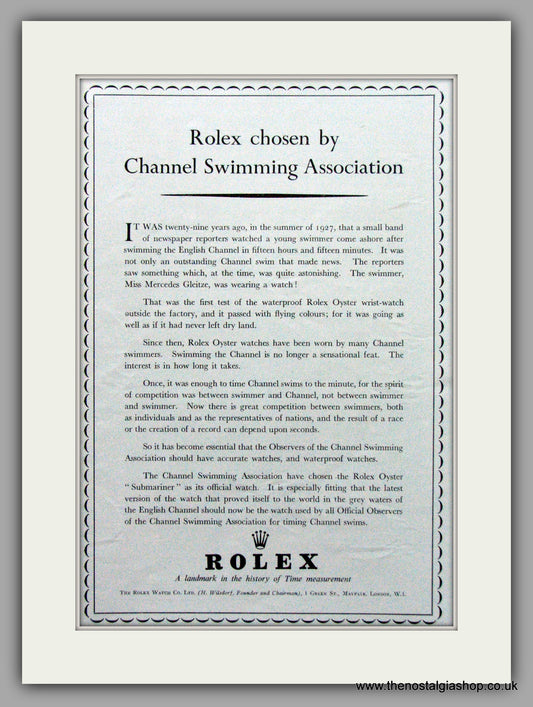Rolex Waterproof Oyster Watches Channel Swimming Original Advert 1956 (ref AD7007)