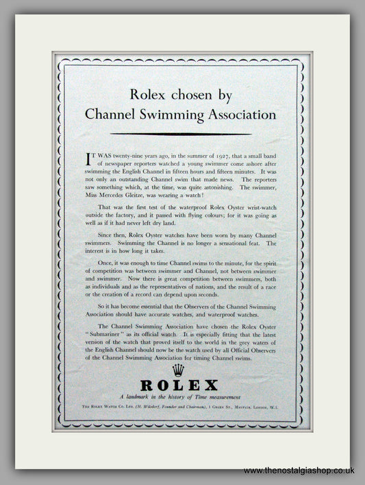 Rolex Waterproof Oyster Watches Channel Swimming Original Advert 1956 (ref AD7007)