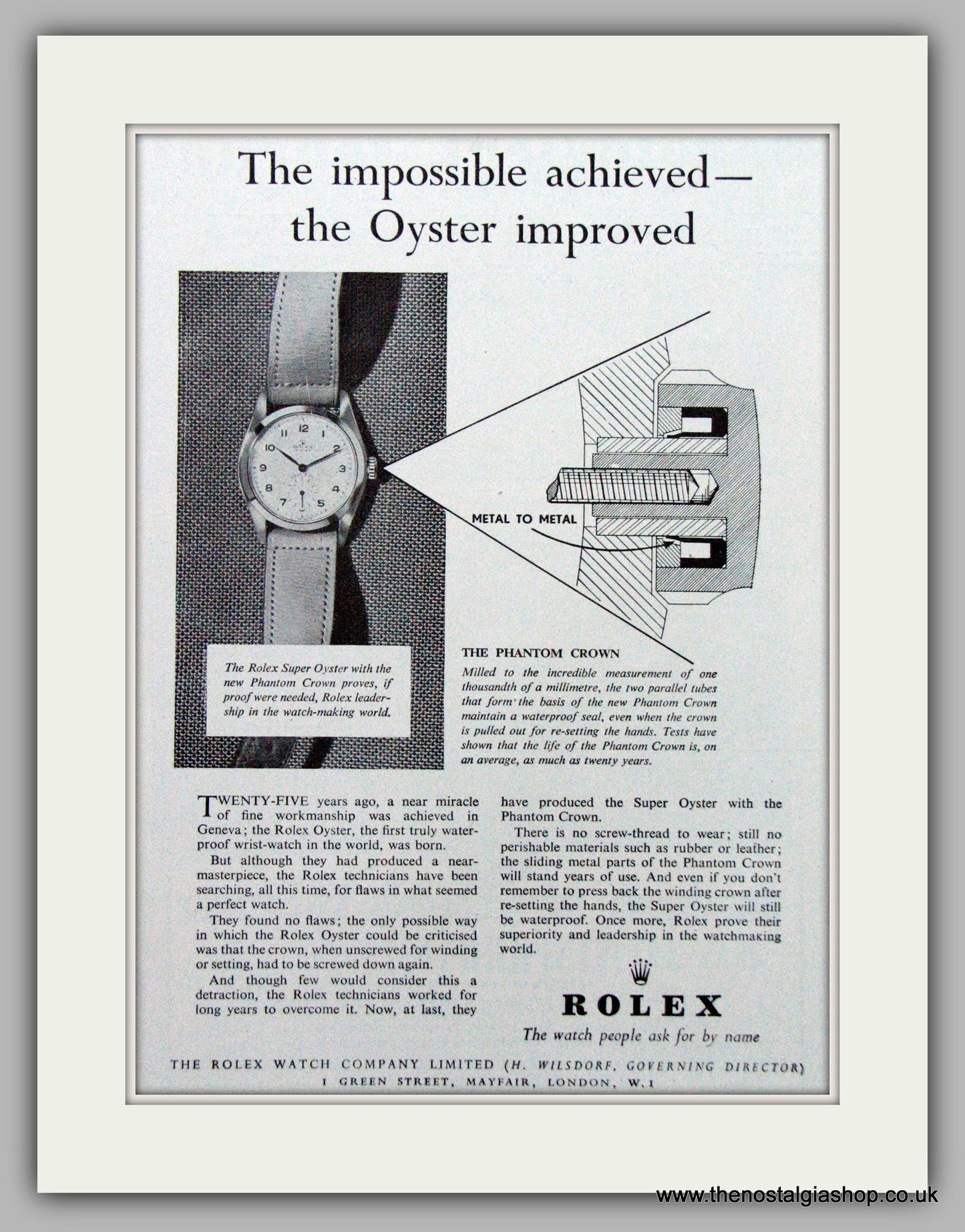 Rolex Super Oyster  Watch Original Advert 1952 (ref AD7021)