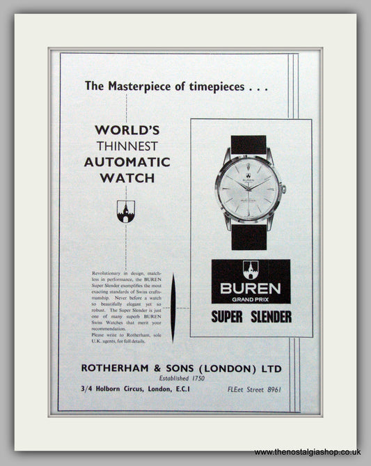 Buren Super Slender Watches Original Advert 1962 (ref AD7049)