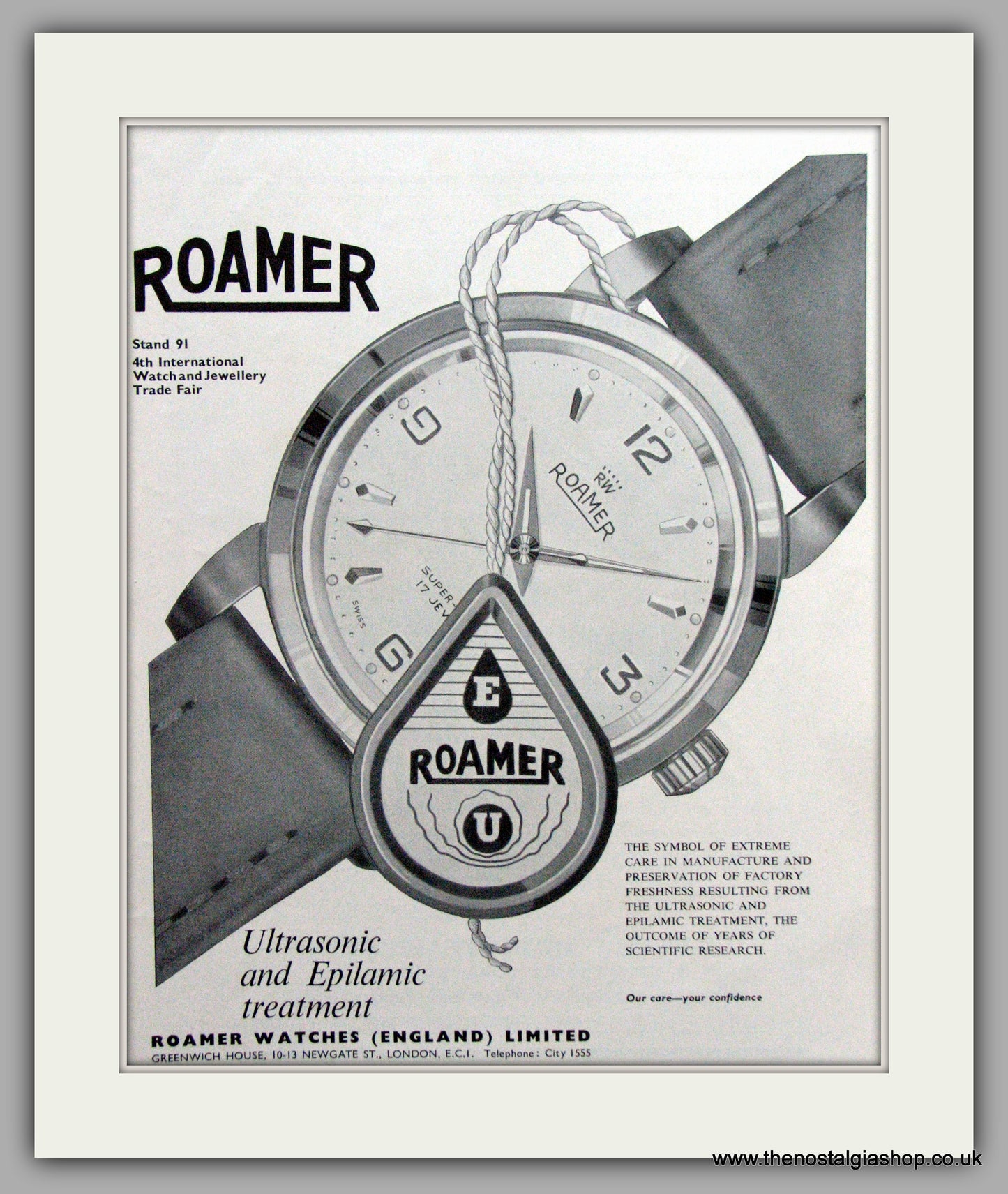 Roamer Watches Ultrasonic & Epilamic Treatment-Trade Fair  Original Advert 1958 (ref AD7062)