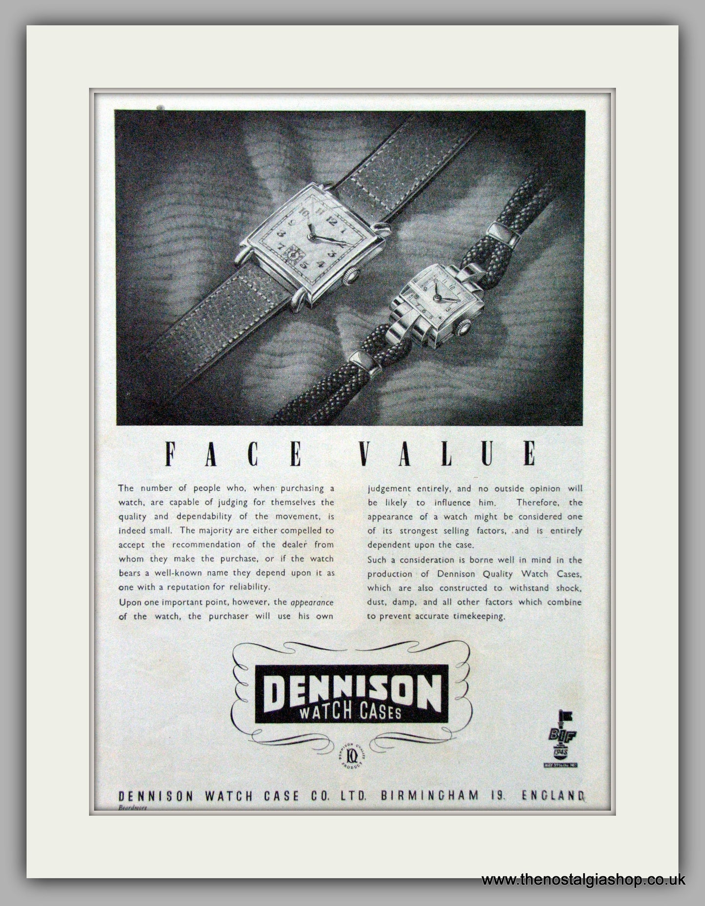 Dennison Watch Case Co. Face Value. Original Advert 1948 (ref AD7109)