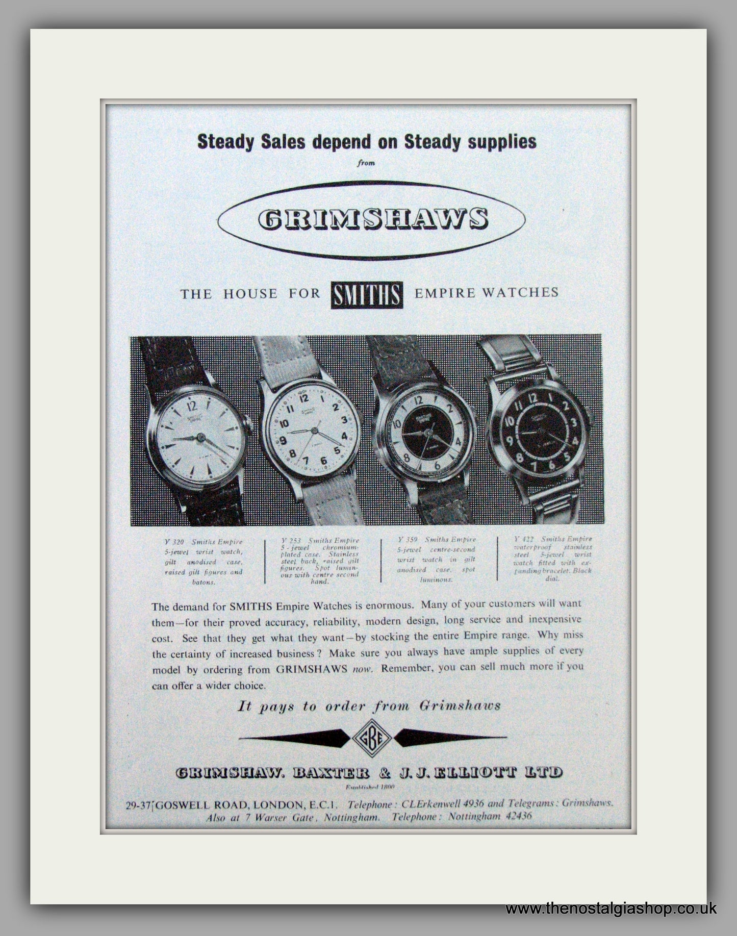 Smiths Empire Watches at Grimshaws. Original Advert 1955 (ref AD7150)