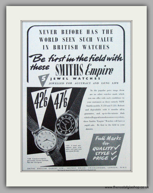 Smiths Empire Jewel Watches. Original Advert 1954 (ref AD7154)