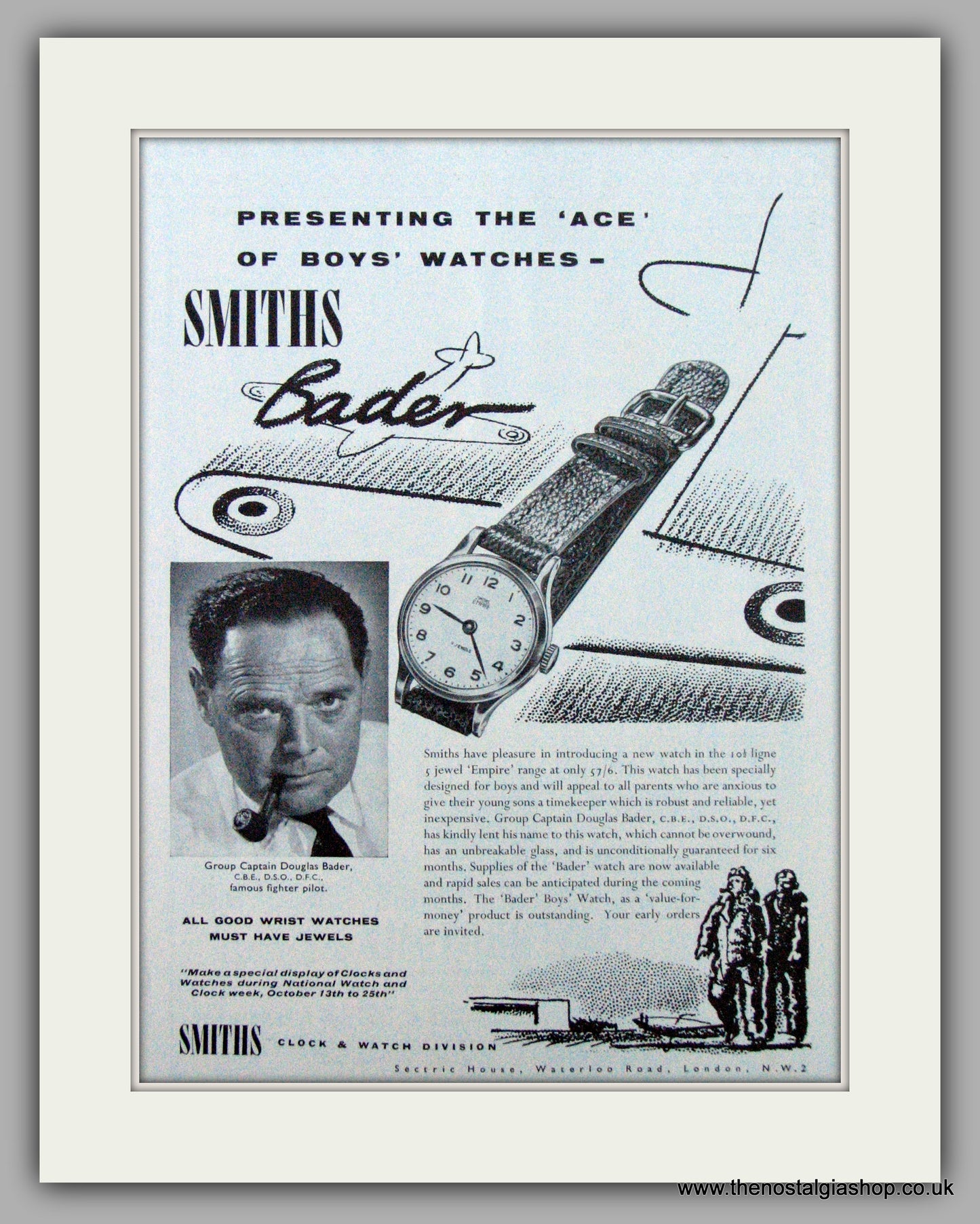 Smiths Empire Watch with Douglas Bader. Original Advert 1958 (ref AD7163)