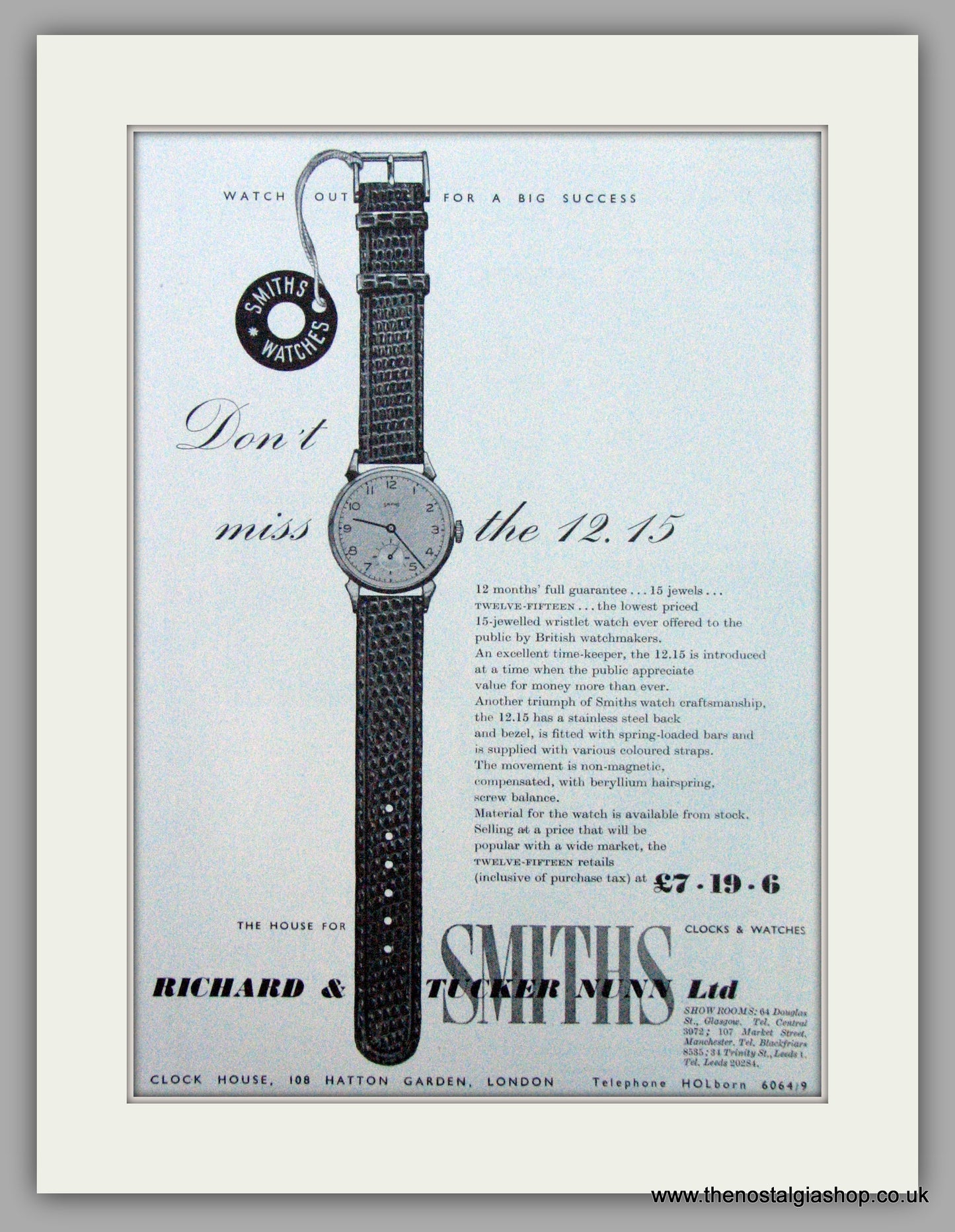 Smiths 12.15 Watches. Original Advert 1951 (ref AD7170)