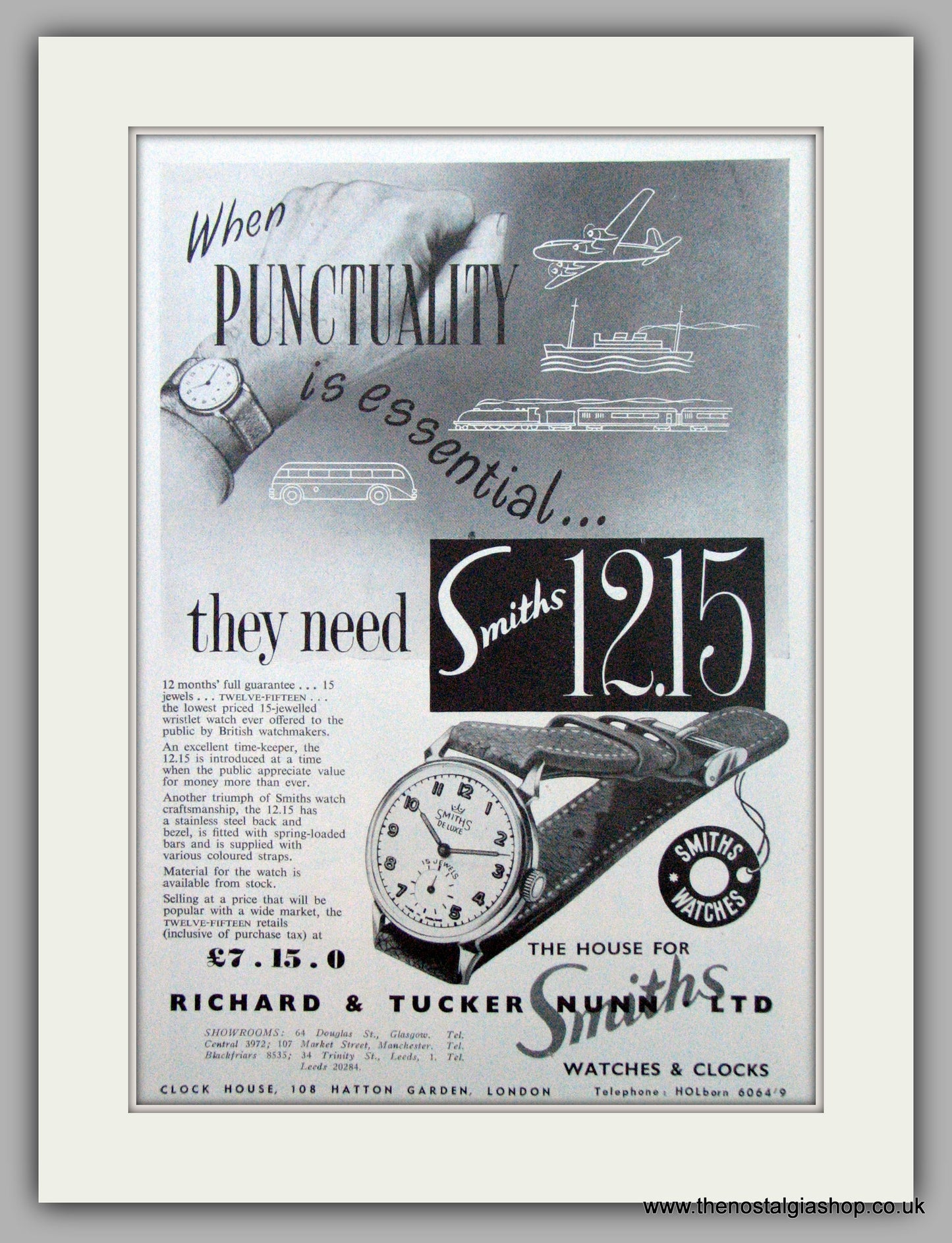 Smiths 12.15 Watches. Original Advert 1952 (ref AD7171)