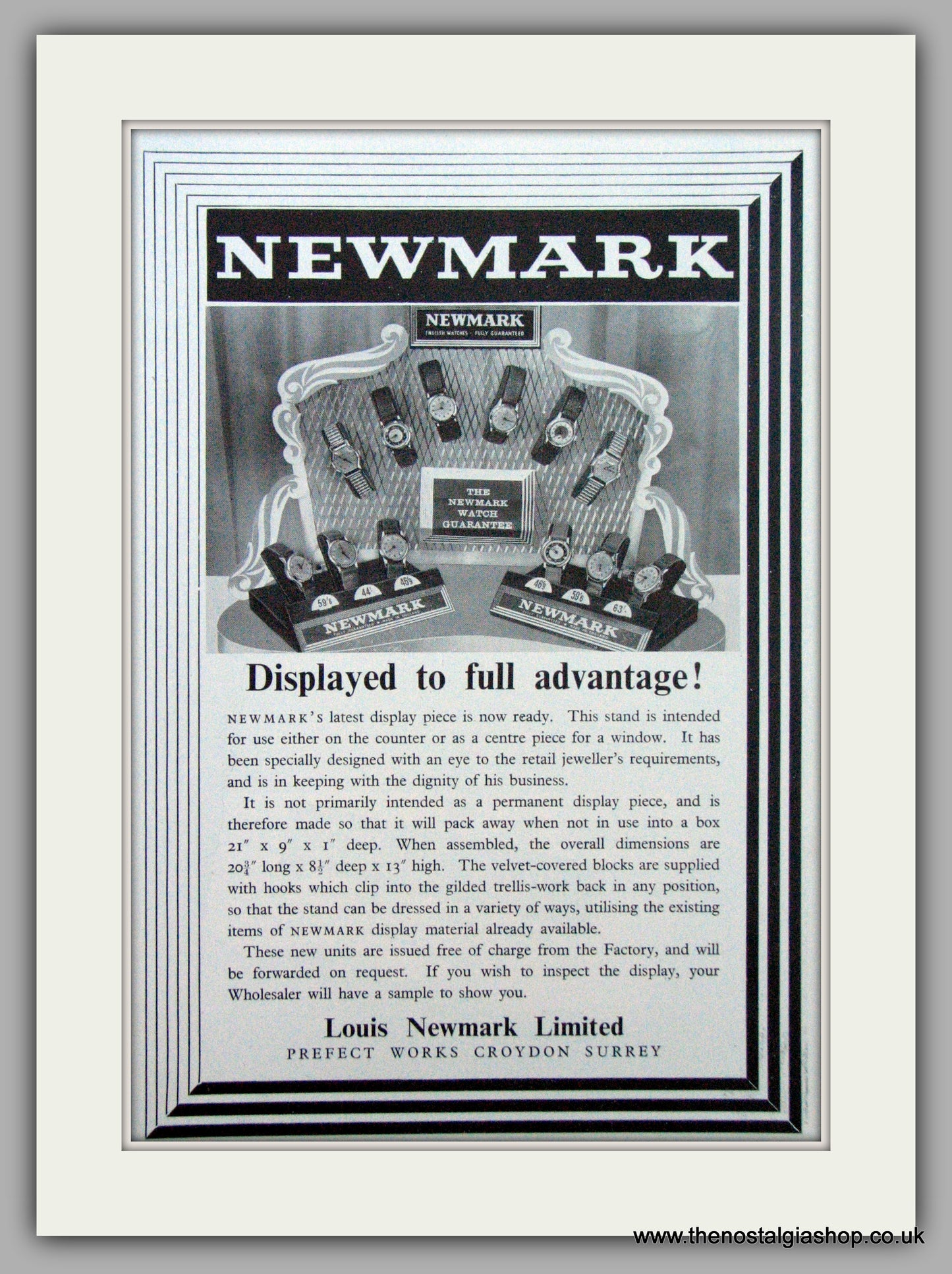 Newmark Watch Display. Original Advert 1951 (ref AD7178)