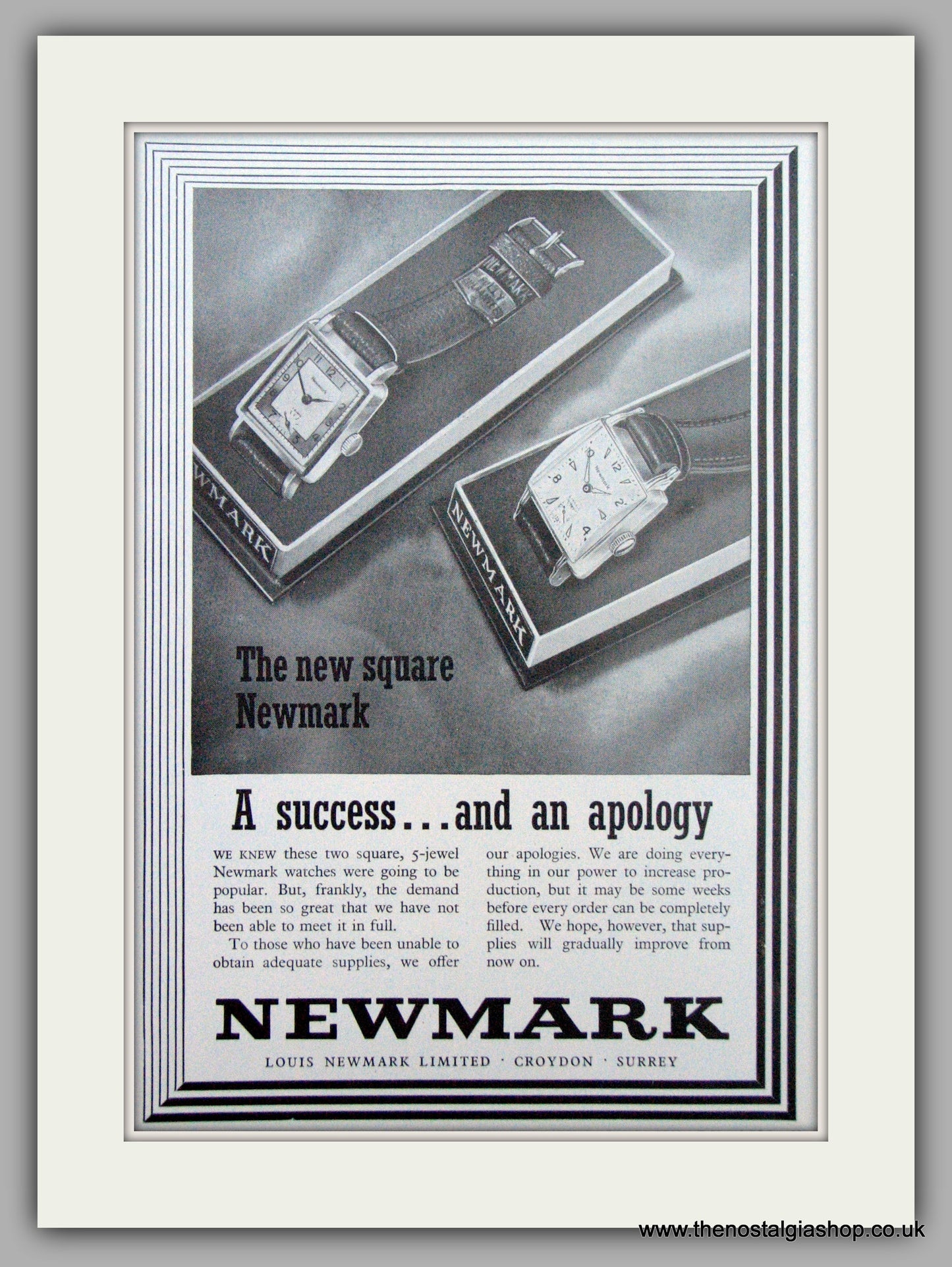 Newmark Square Watches. Original Advert 1954 (ref AD7179)