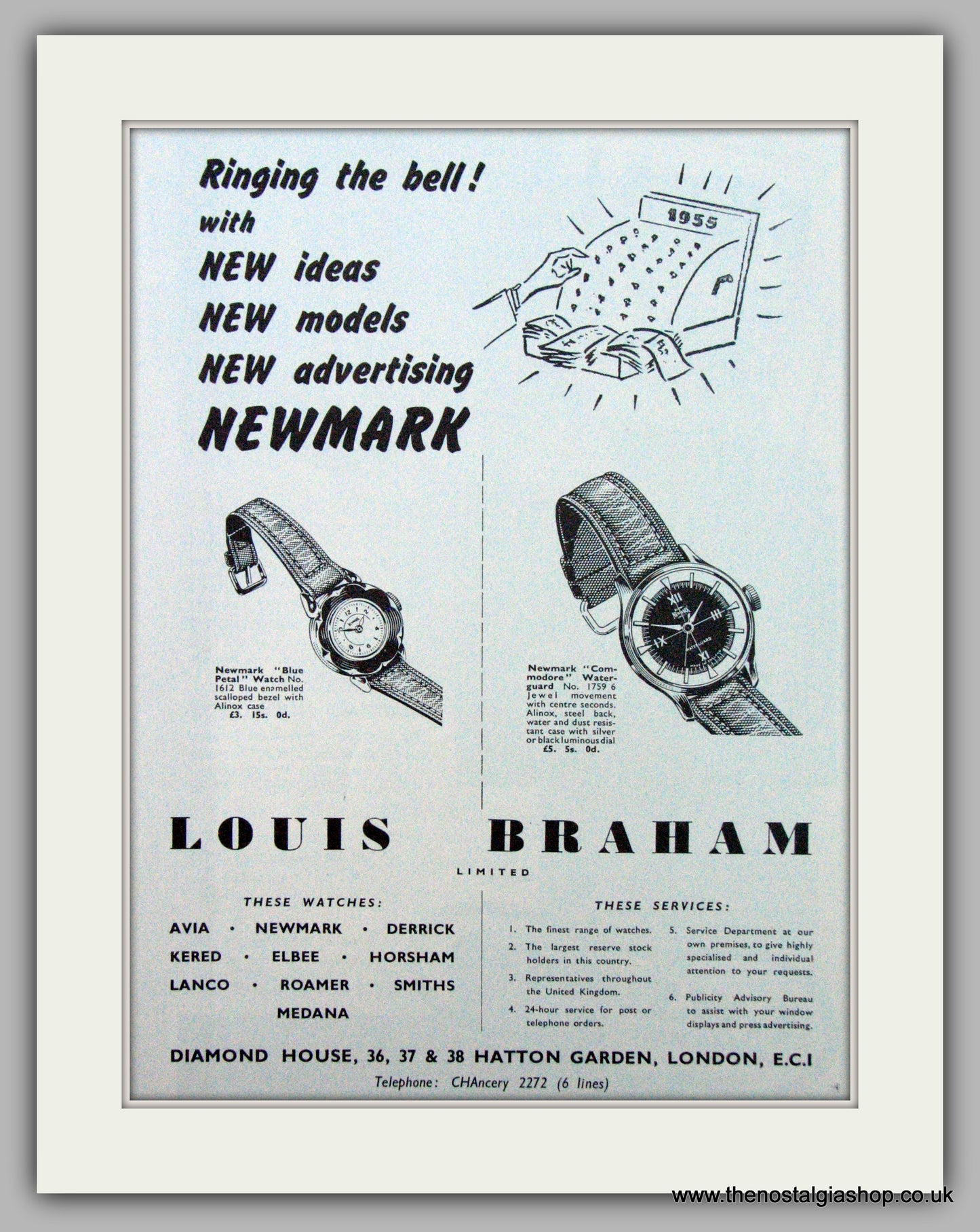Newmark Watches Louis Braham. Original Advert 1955 (ref AD7191)