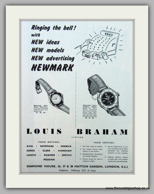 Newmark Watches Louis Braham. Original Advert 1955 (ref AD7191)