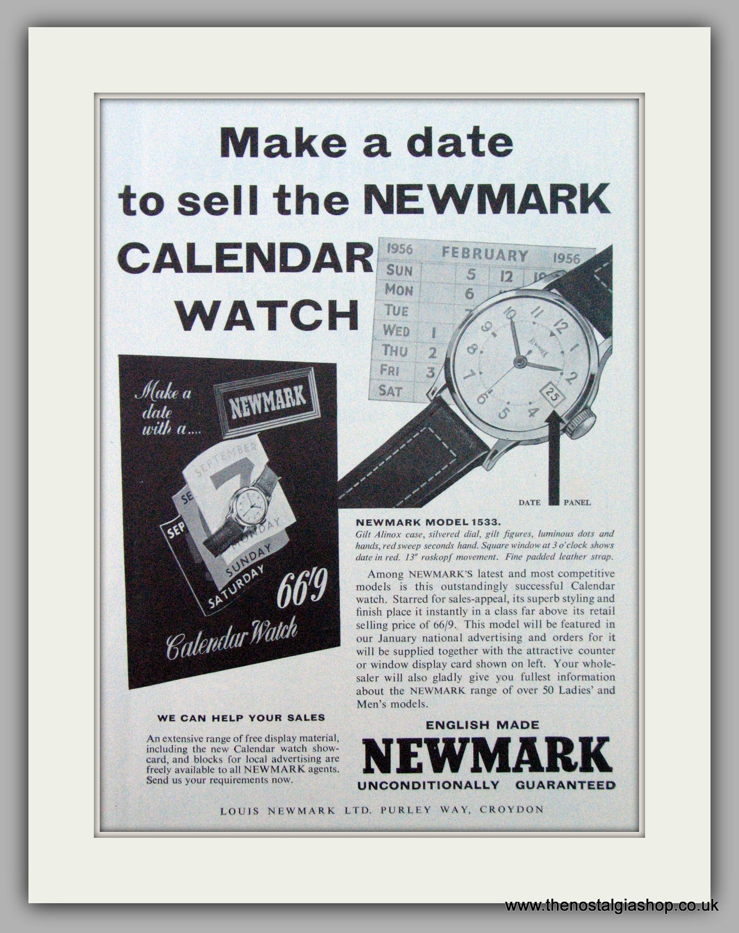 Newmark Calendar Watches. Original Advert 1956 (ref AD7200)
