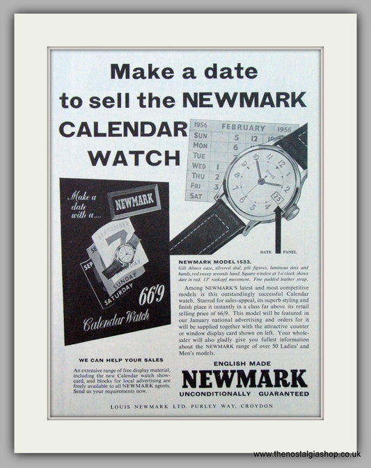 Newmark Calendar Watches. Original Advert 1956 (ref AD7200)