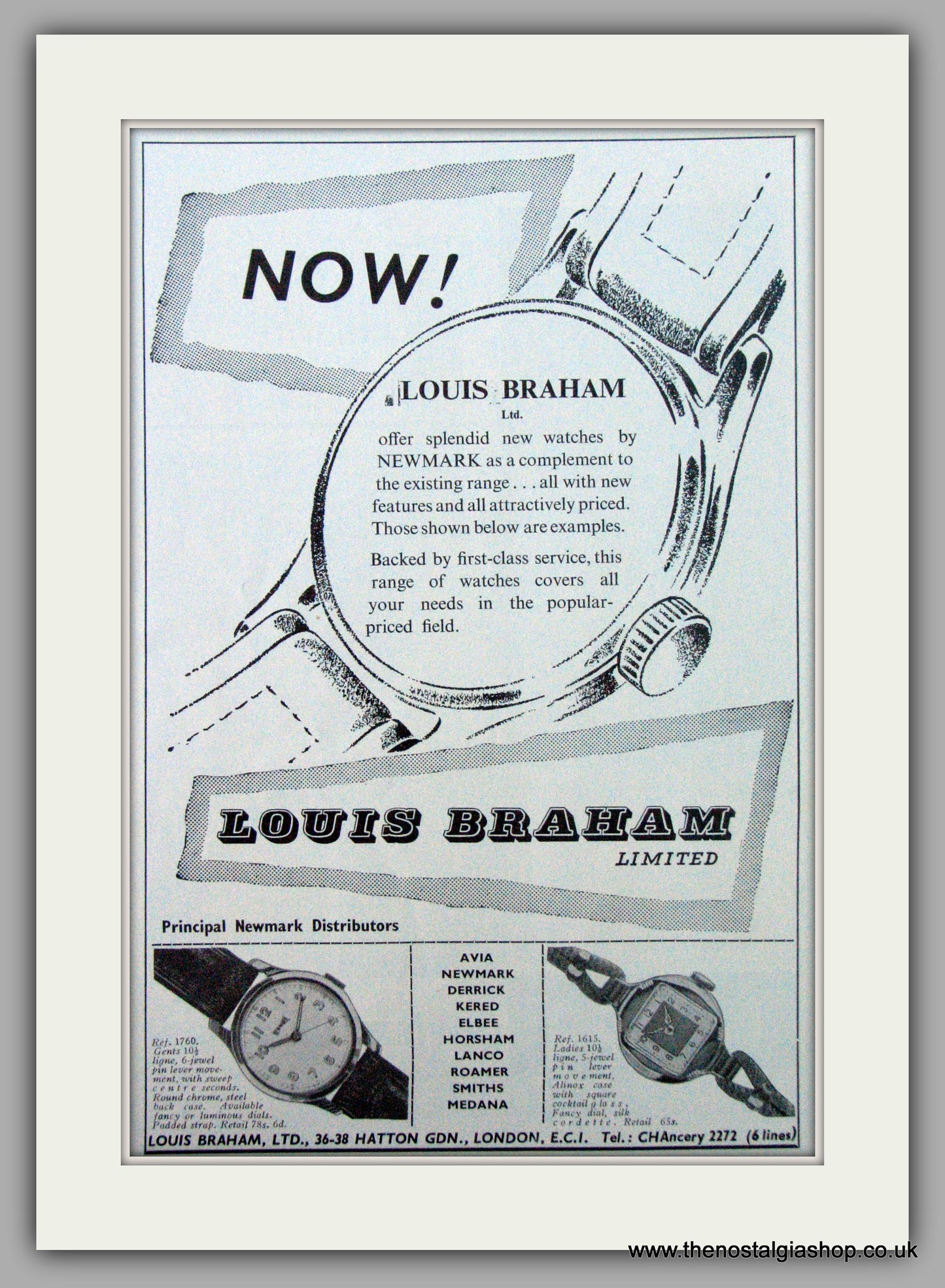 Newmark  Watches Louis Braham. Original Advert 1956 (ref AD7201)