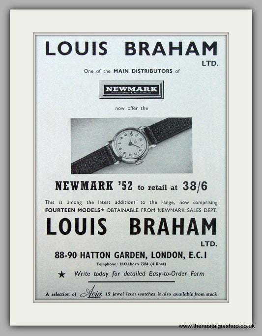 Newmark  Watches Louis Braham. Original Advert 1952 (ref AD7209)