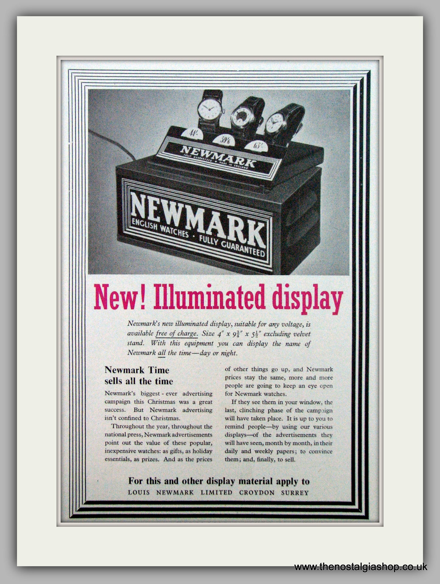 Newmark Illuminated Display Watches Louis Braham. Original Advert 1952 (ref AD7210)