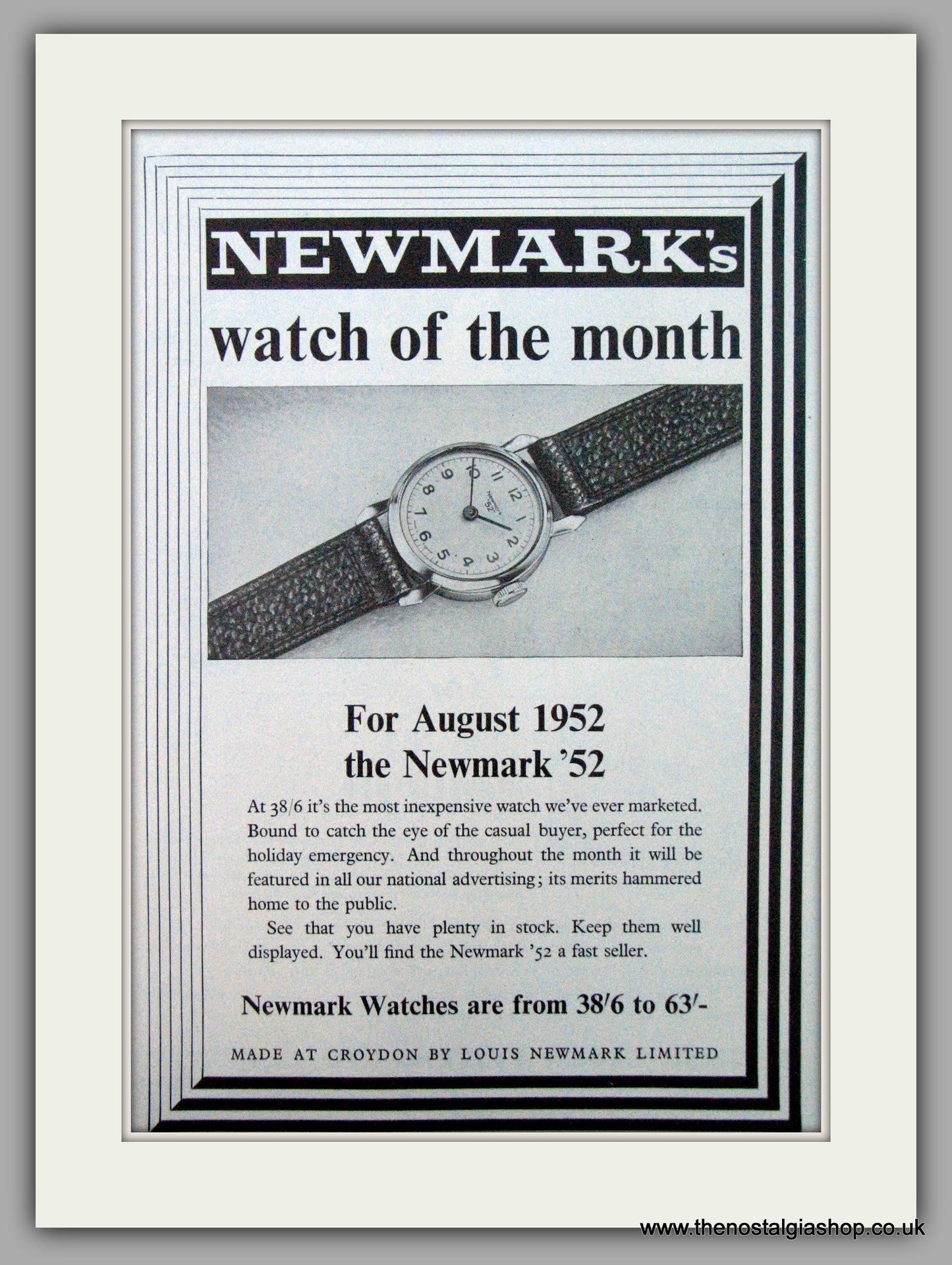 Newmark '52 Watch. Original Advert 1952 (ref AD7219)