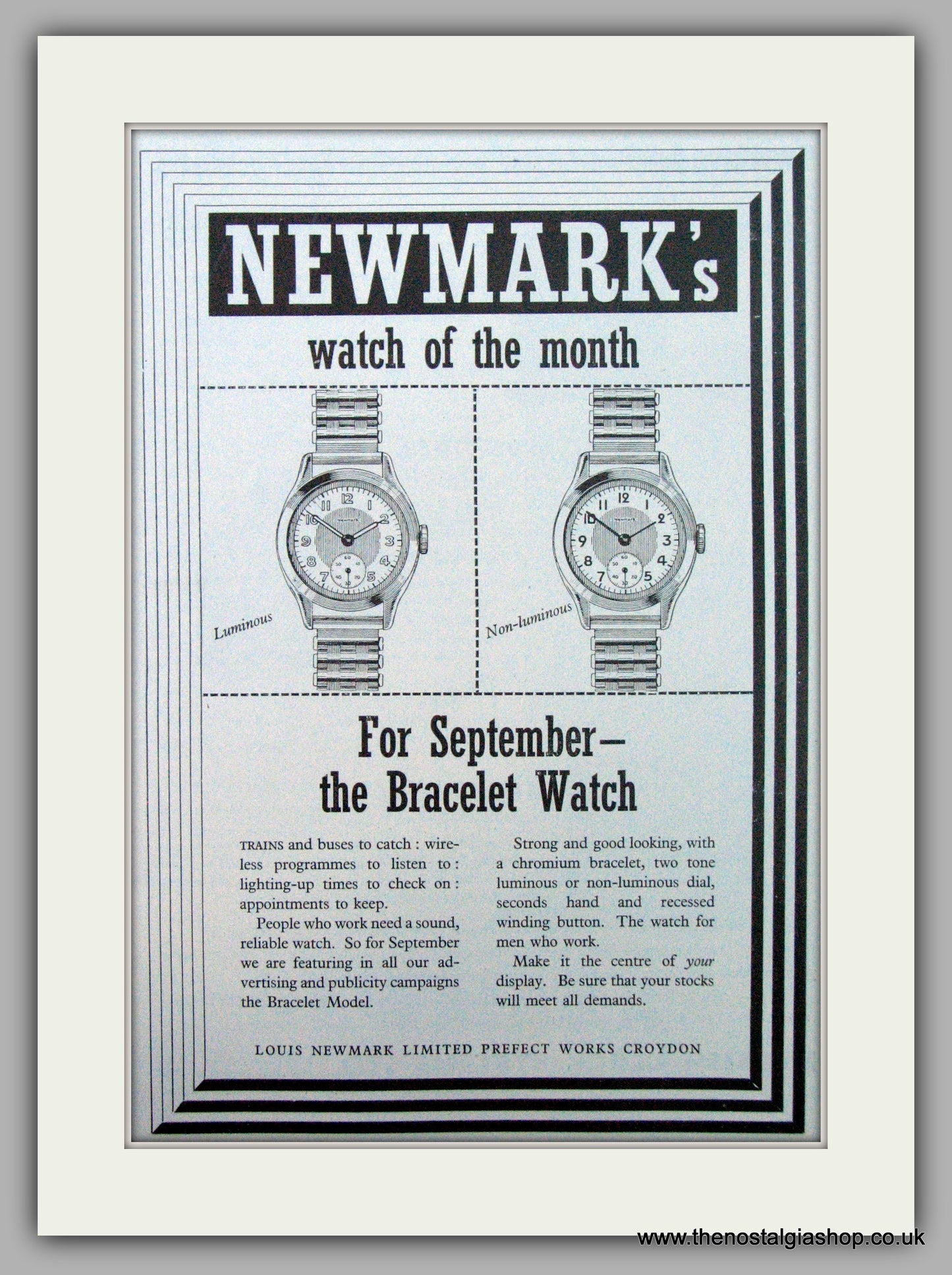 Newmark Bracelet Watch. Original Advert 1952 (ref AD7220)