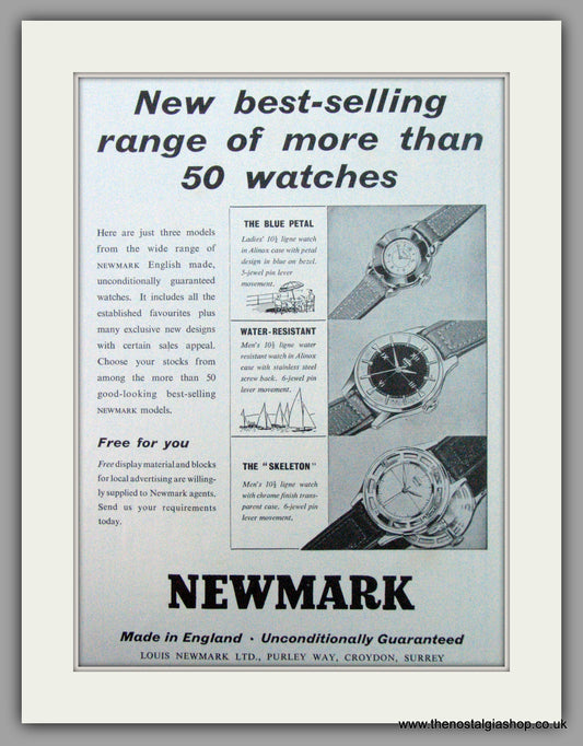 Newmark Blue Petal, Water Resistant, Skeleton Watches. Original Advert 1955 (ref AD7221)