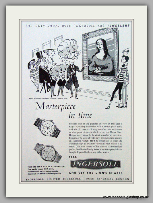 Ingersoll Watches. Masterpiece in Time.  Original Advert 1955.  (ref AD7233)