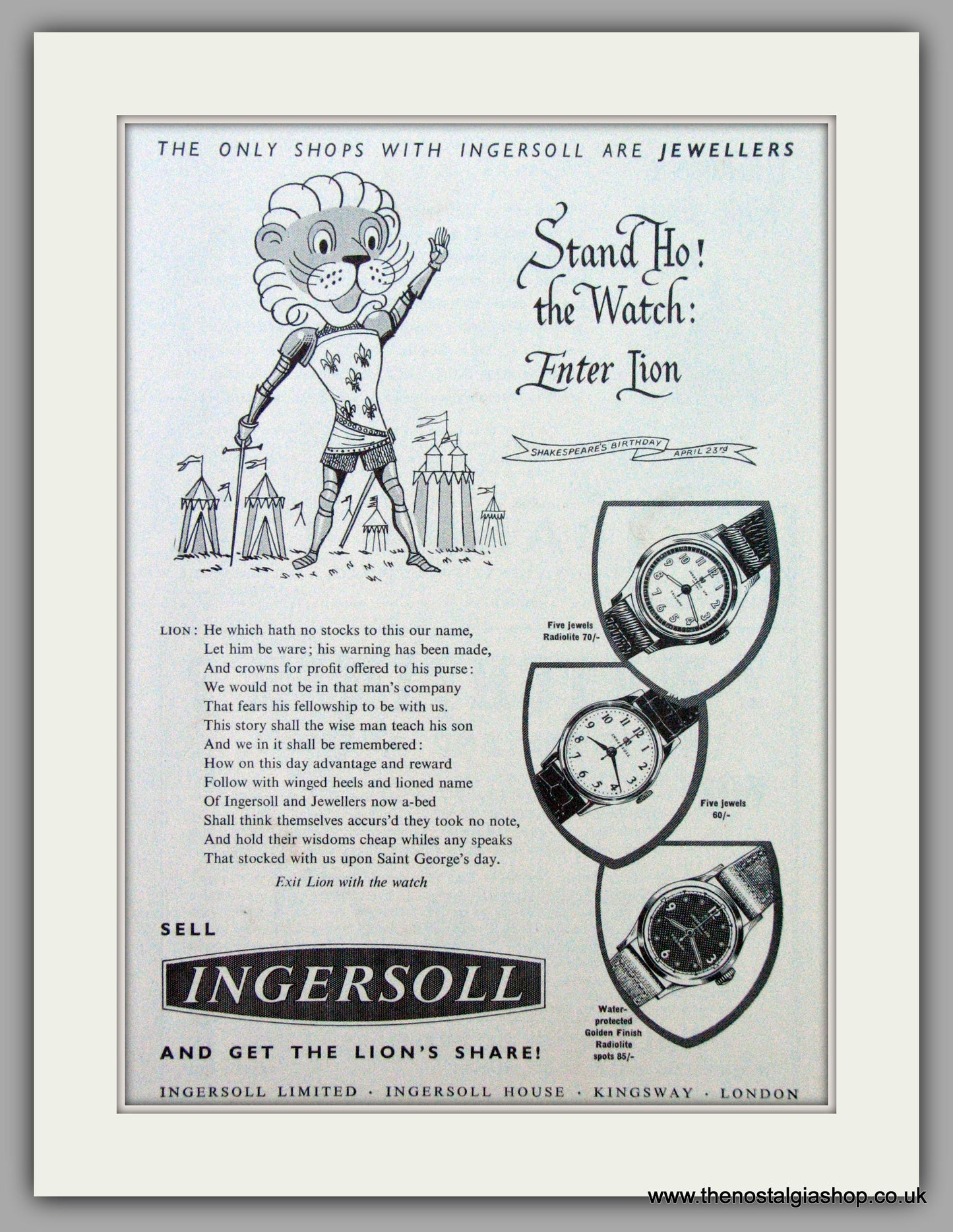Ingersoll Watches. Stand Ho The Watch!  Original Advert 1955.  (ref AD7234)