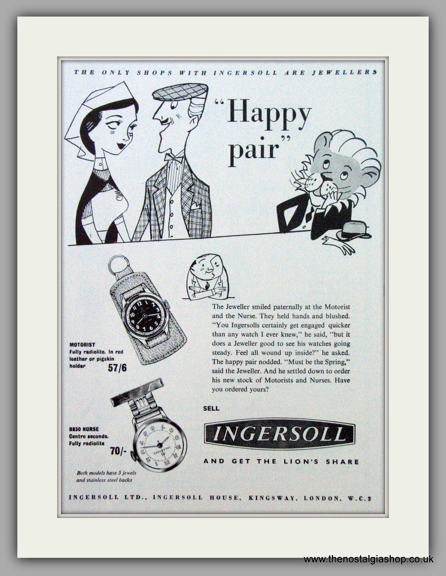 Ingersoll Watches. Happy Pair.  Original Advert 1956.  (ref AD7235)