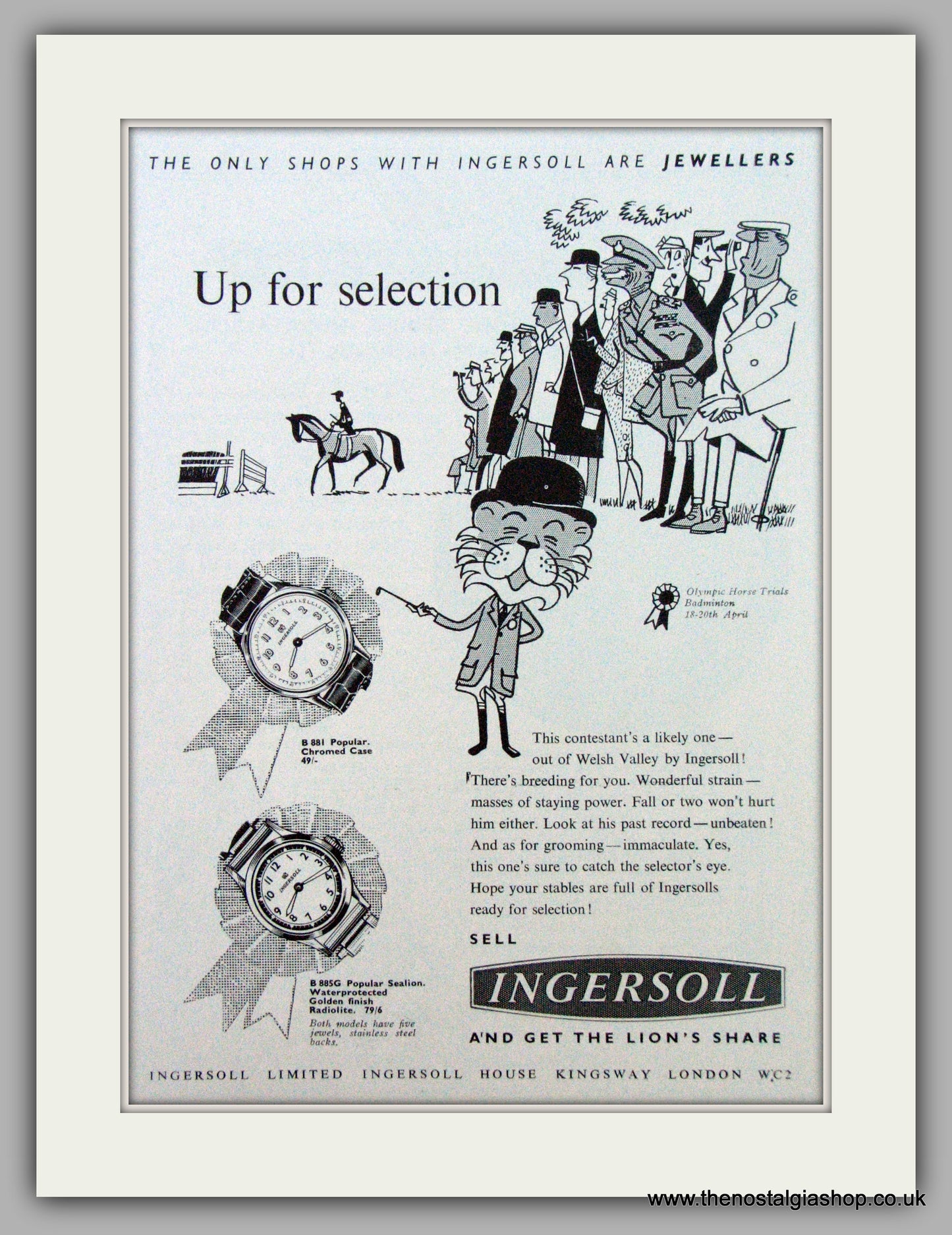 Ingersoll Watches. Up for Selection  Original Advert 1956.  (ref AD7238)