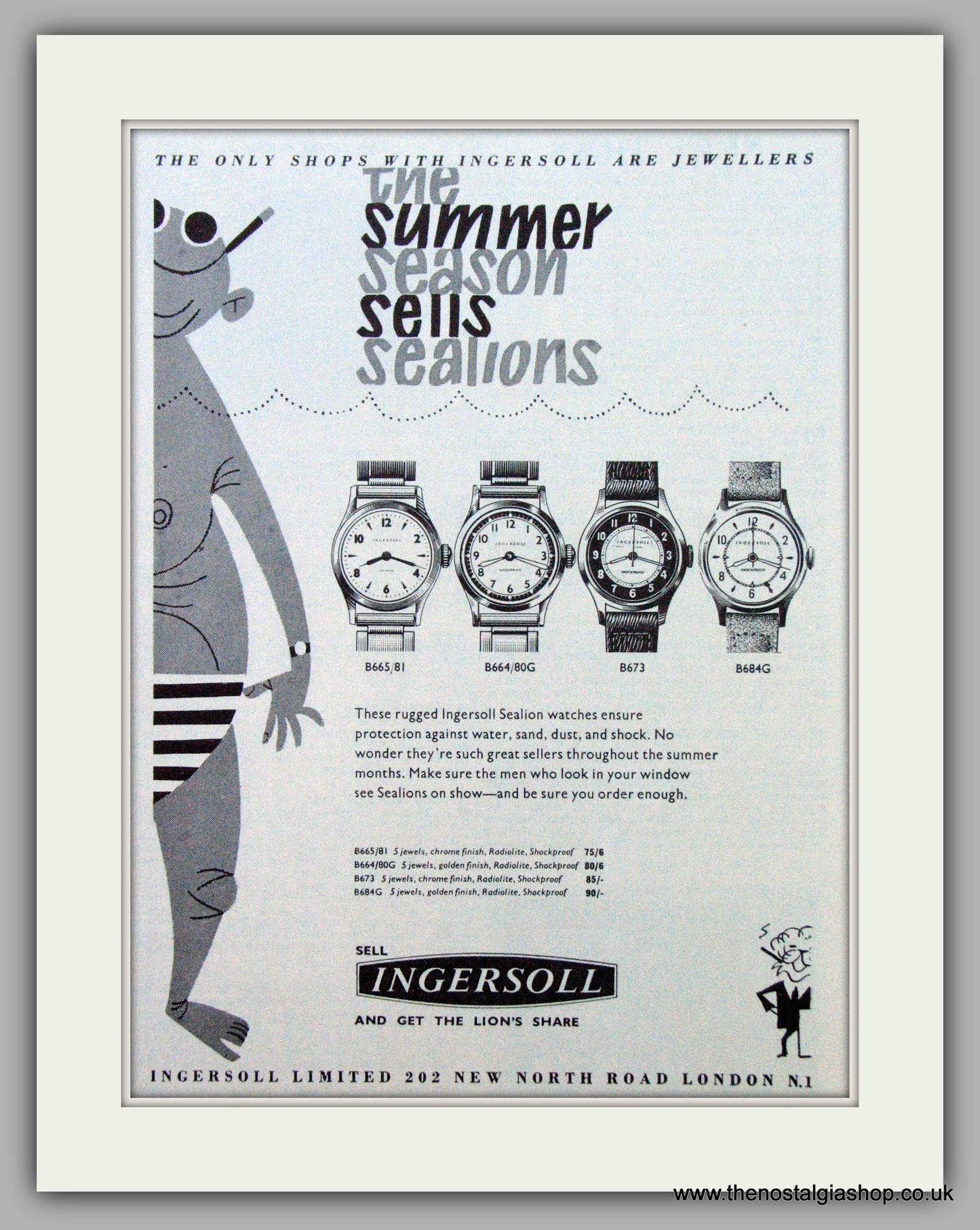 Ingersoll Sealion Watches. Original Advert 1960.  (ref AD7241)