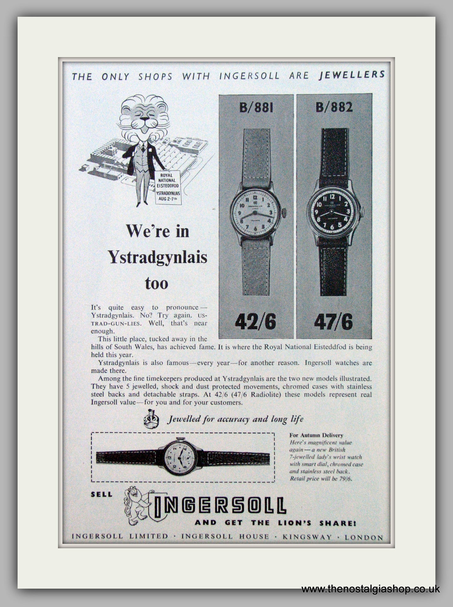 Ingersoll Watches. Ystradgynlais. Original Advert 1954.  (ref AD7244)