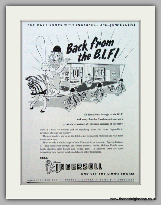 Ingersoll Watches. B.I.F Original Advert 1953.  (ref AD7247)