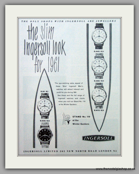 Ingersoll Slim Watches.  Original Advert 1961.  (ref AD7264)
