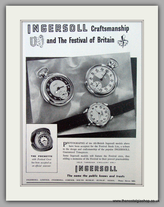 Ingersoll Festival Crest Watches. Original Advert 1951.  (ref AD7272)