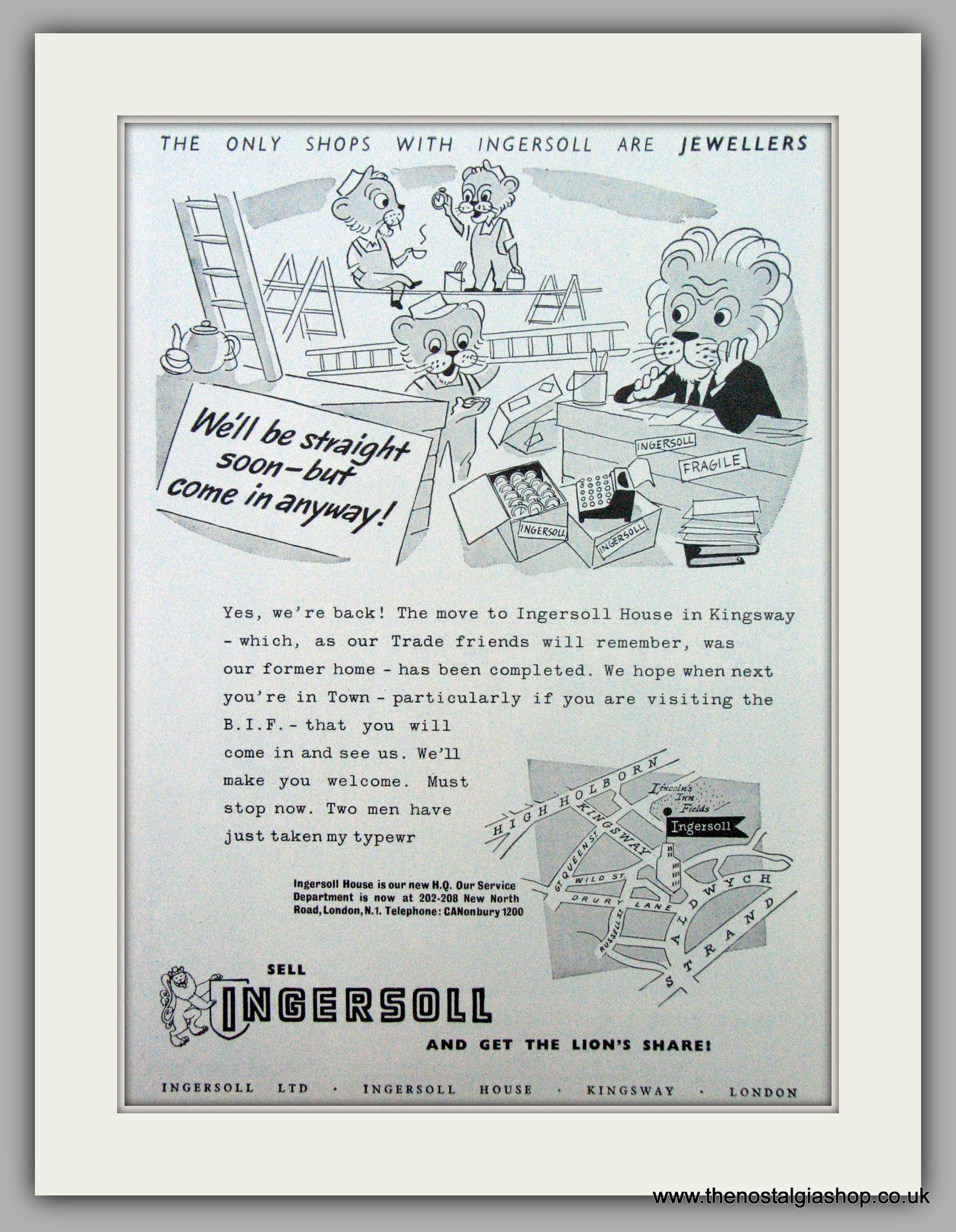 Ingersoll Watches. Moving Premises. Original Advert 1954.  (ref AD7274)