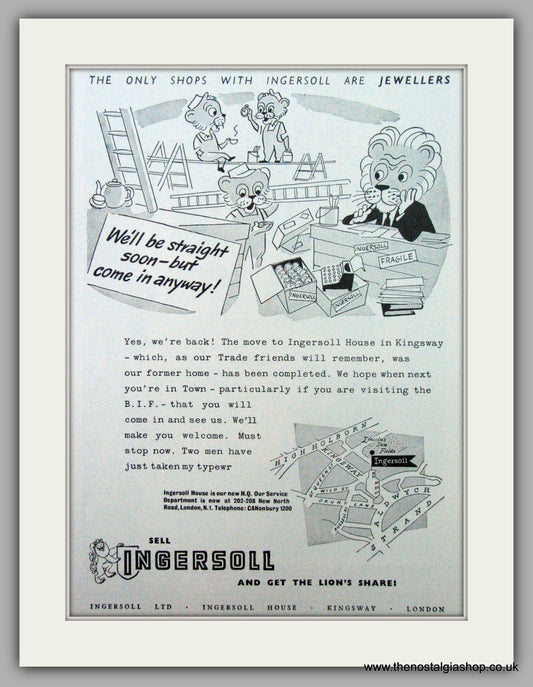 Ingersoll Watches. Moving Premises. Original Advert 1954.  (ref AD7274)