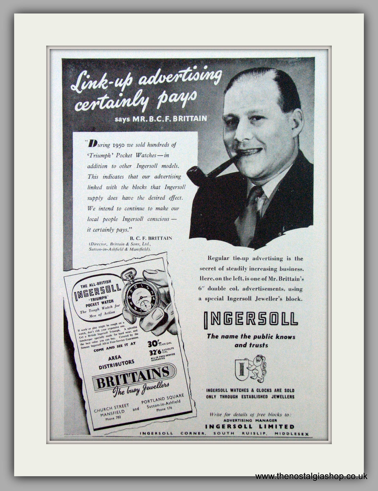 Ingersoll Triumph pocket Watches.  Original Advert 1951.  (ref AD7275)