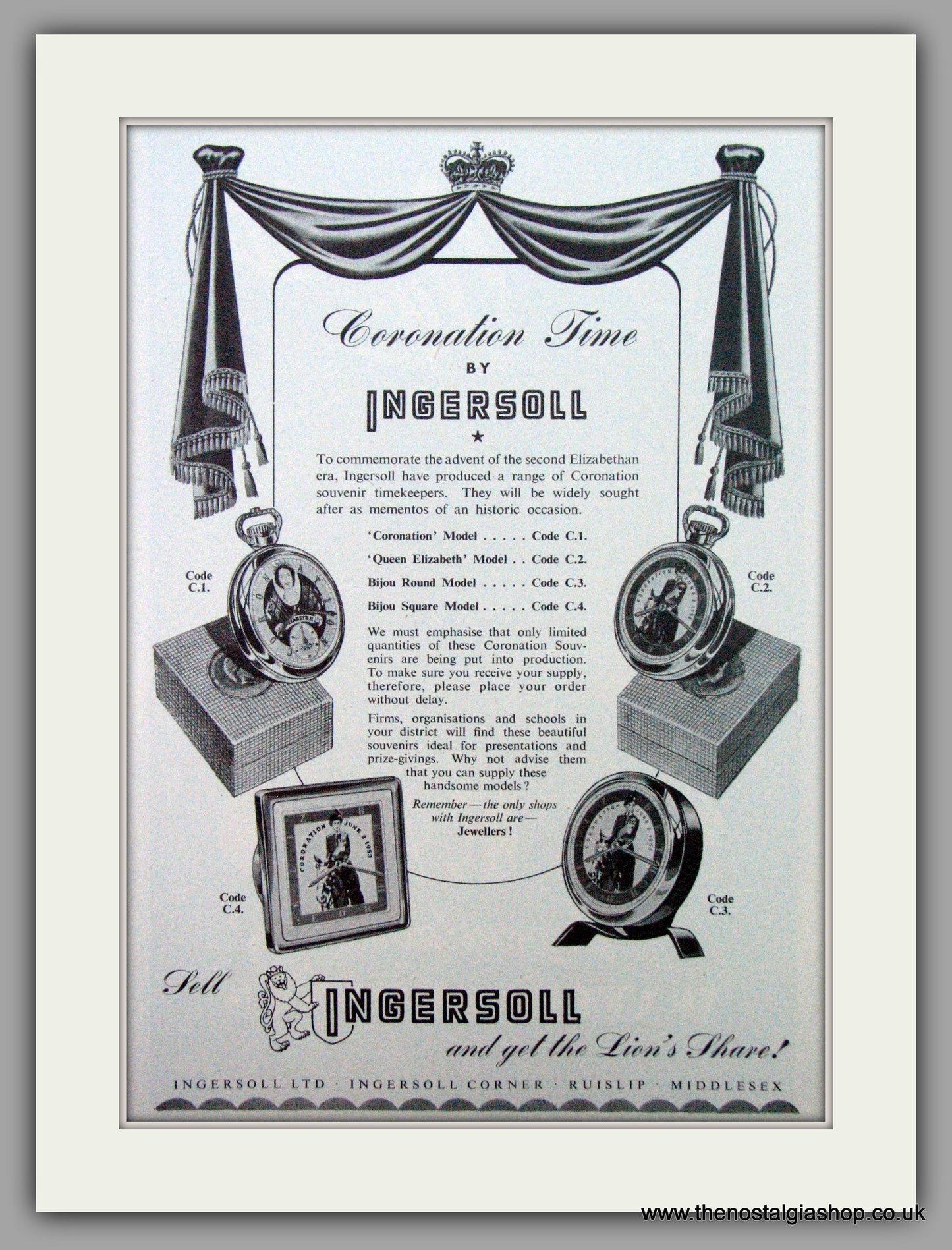 Ingersoll Watches. Coronation Time  Original Advert 1953.  (ref AD7276)