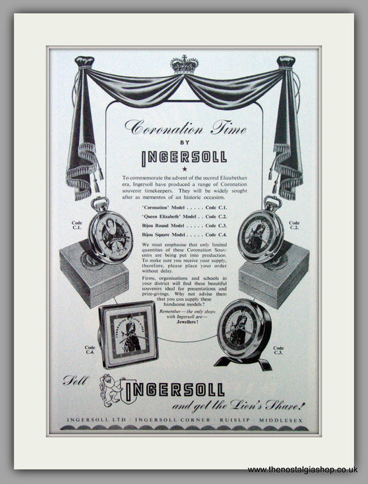 Ingersoll Watches. Coronation Time  Original Advert 1953.  (ref AD7276)