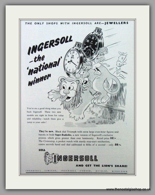 Ingersoll Watches. Black Dial & Super Radiolite  Original Advert 1953.  (ref AD7277)