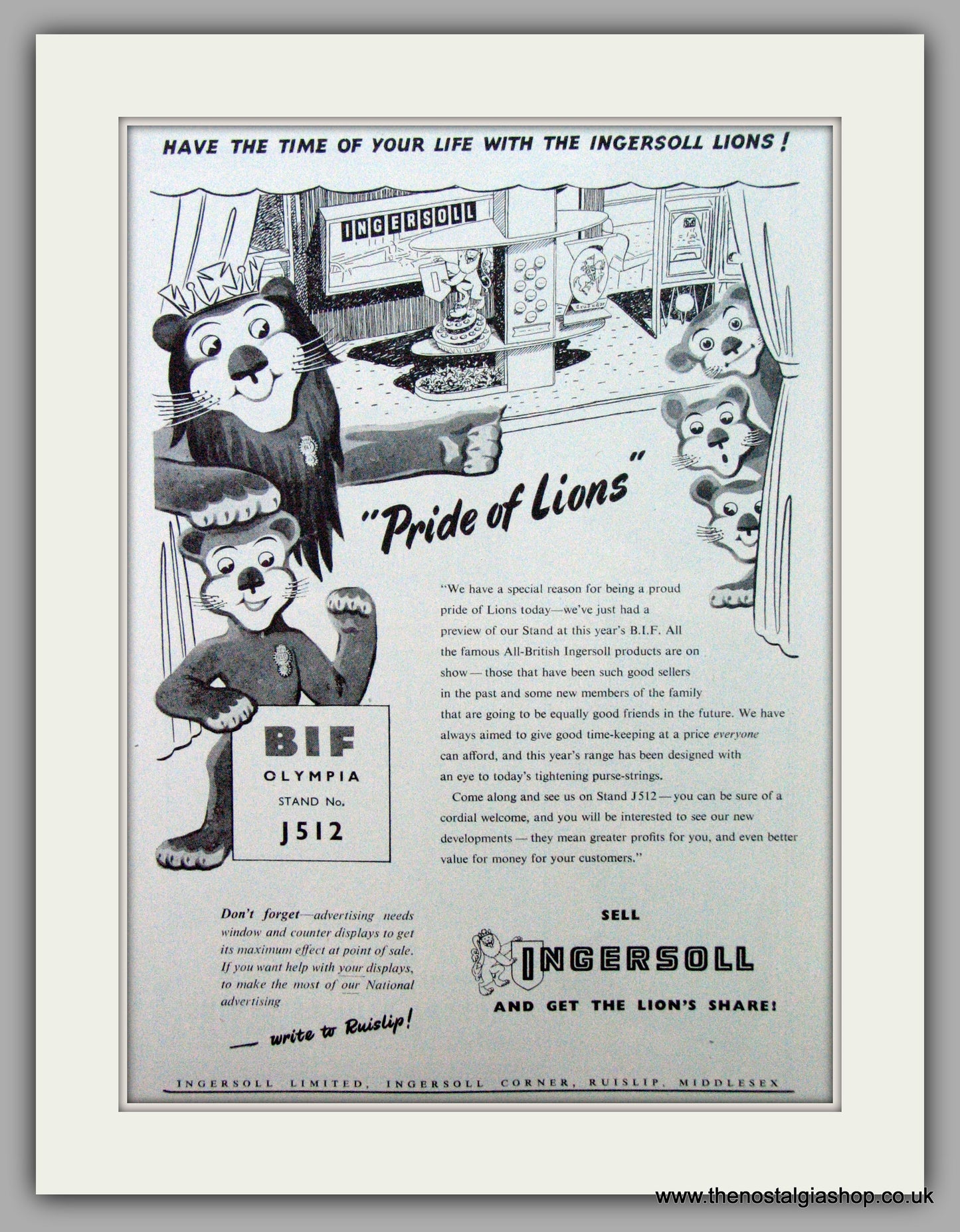 Ingersoll Watches. BIF Stand  Original Advert 1952.  (ref AD7278)