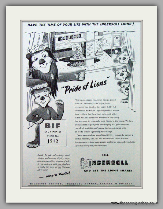 Ingersoll Watches. BIF Stand  Original Advert 1952.  (ref AD7278)