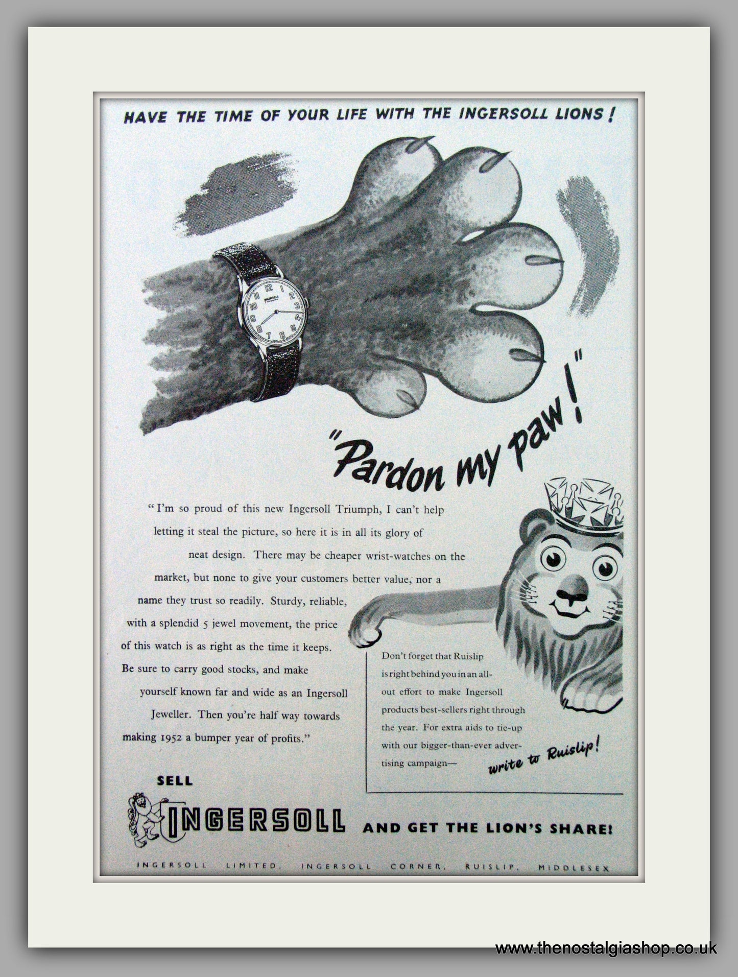 Ingersoll  Triumph Watches.  Original Advert 1952.  (ref AD7279)