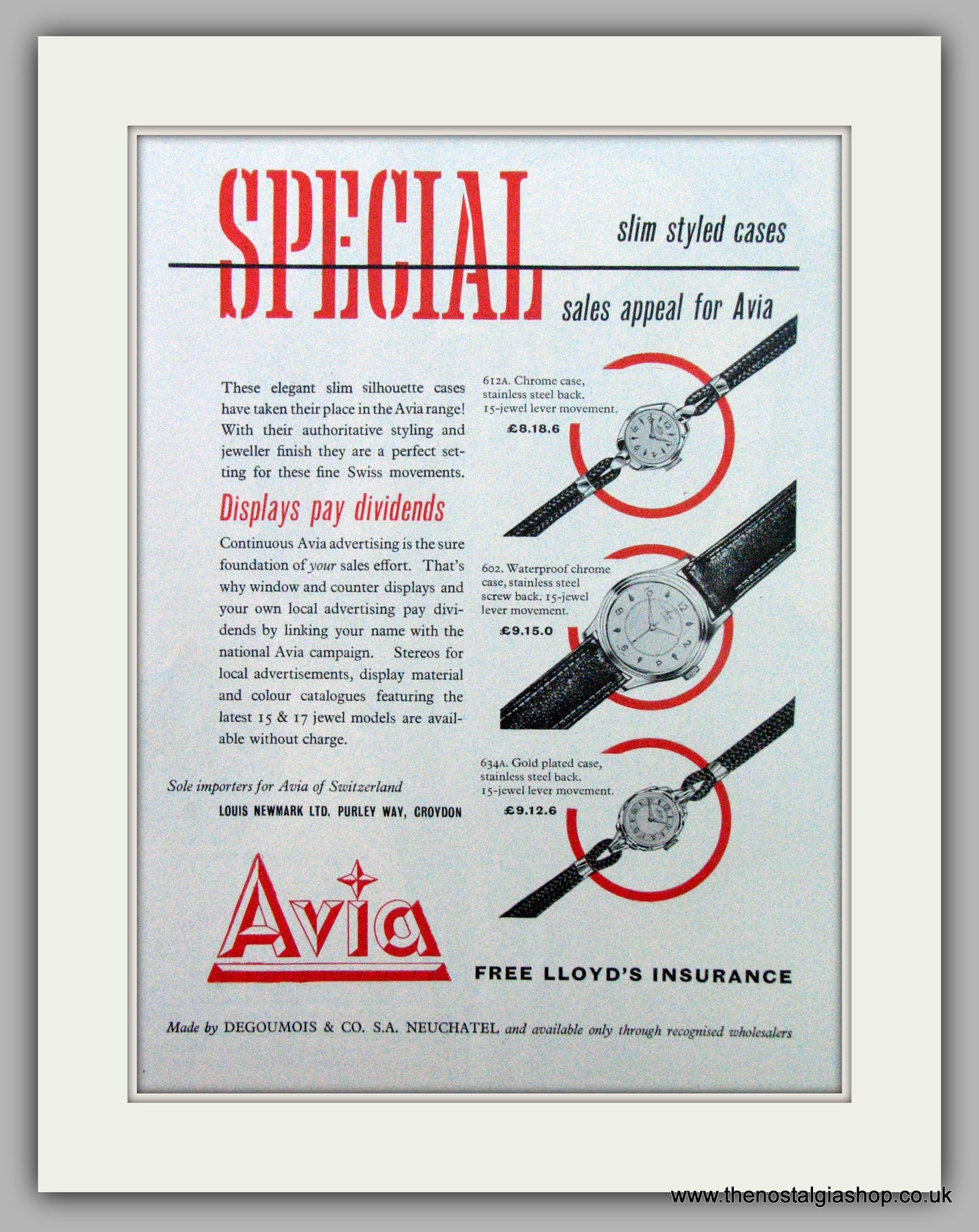 Avia Watches. Set of 3  Original Adverts 1956.  (ref AD7286)