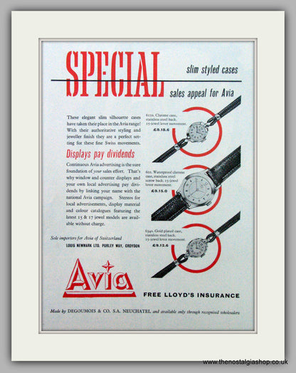 Avia Watches. Set of 3  Original Adverts 1956.  (ref AD7286)