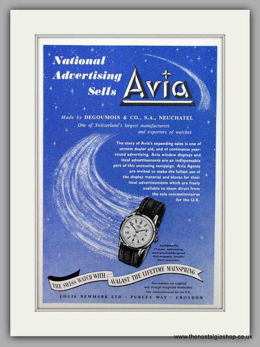 Avia Automatic Watch.  Original Advert 1954.  (ref AD7287)